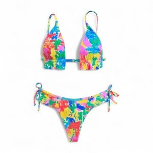 Aurelle Henri Triangle Bikini Set – Vibrant Pink Yellow Splash Print, Size M